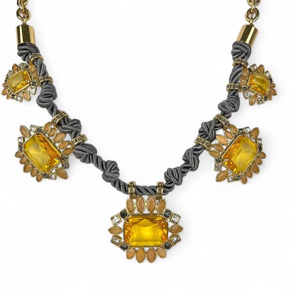Ann Taylor Necklace Large Yellow Rhinestones Gray Twisted Satin Rope Gold Tone - Picture 1 of 10